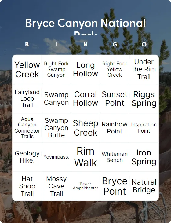 Bryce Canyon National Park bingo card