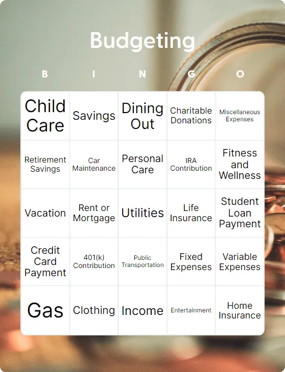 Budgeting bingo card template