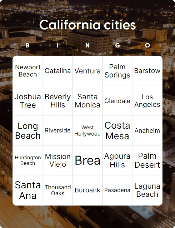 California cities bingo card template