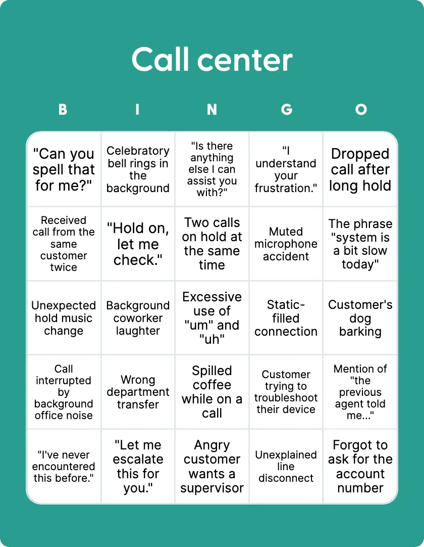 Call Center bingo card