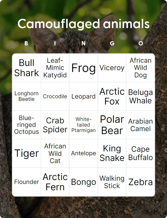 Camouflaged animals bingo card template