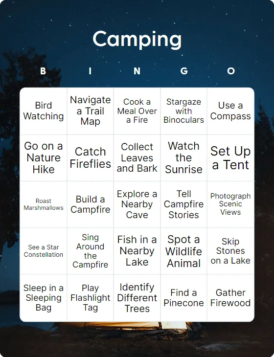 Camping bingo card