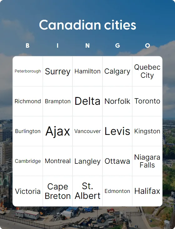 Canadian cities bingo card