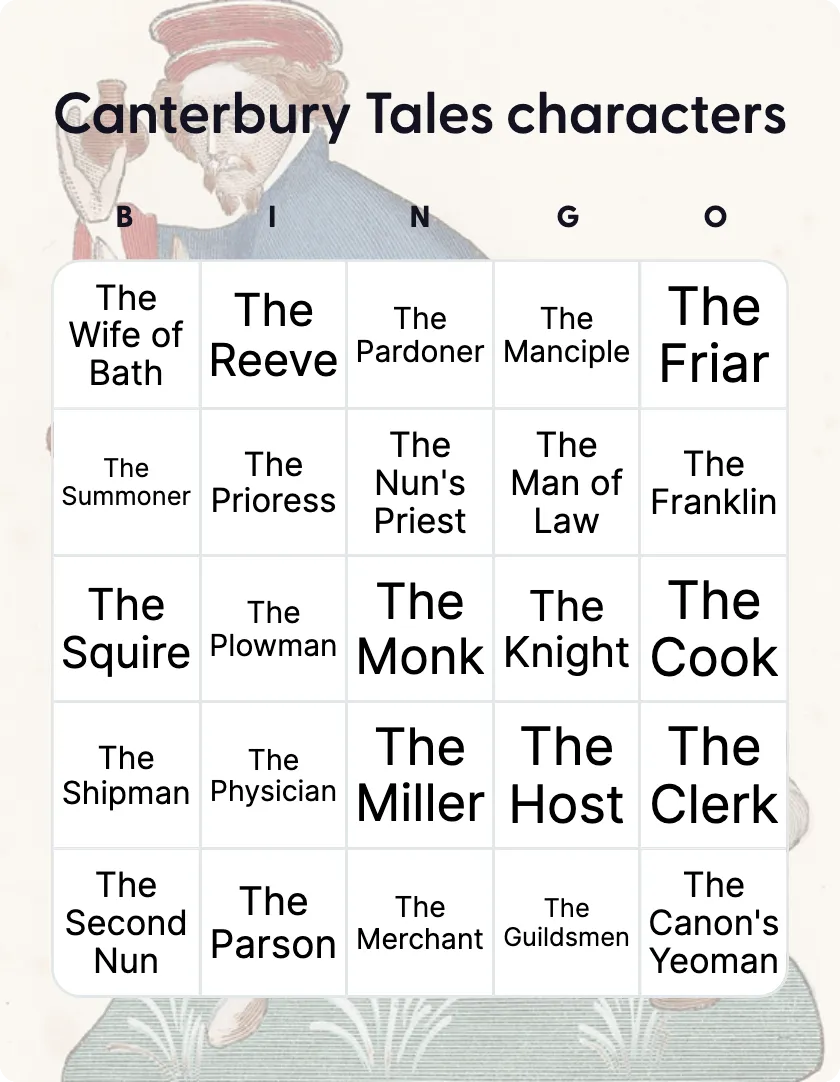 Canterbury tales characters bingo card