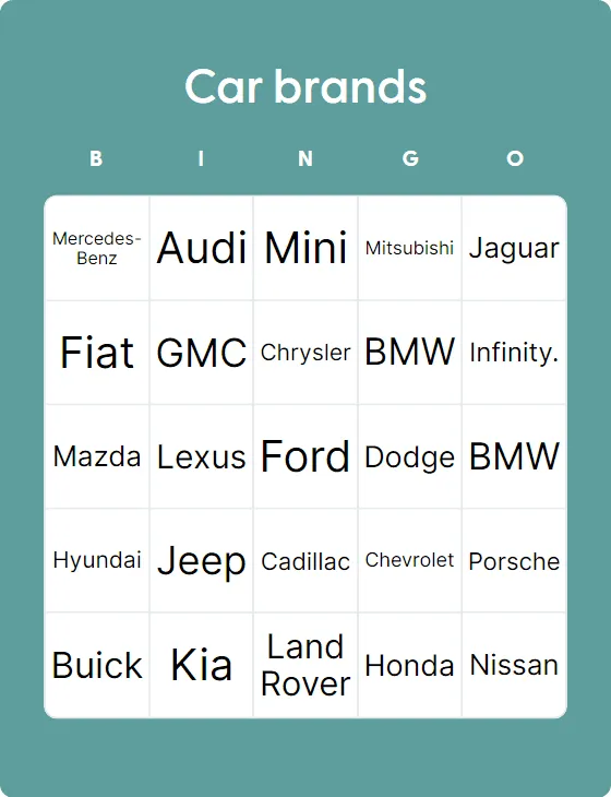 Car brands bingo card