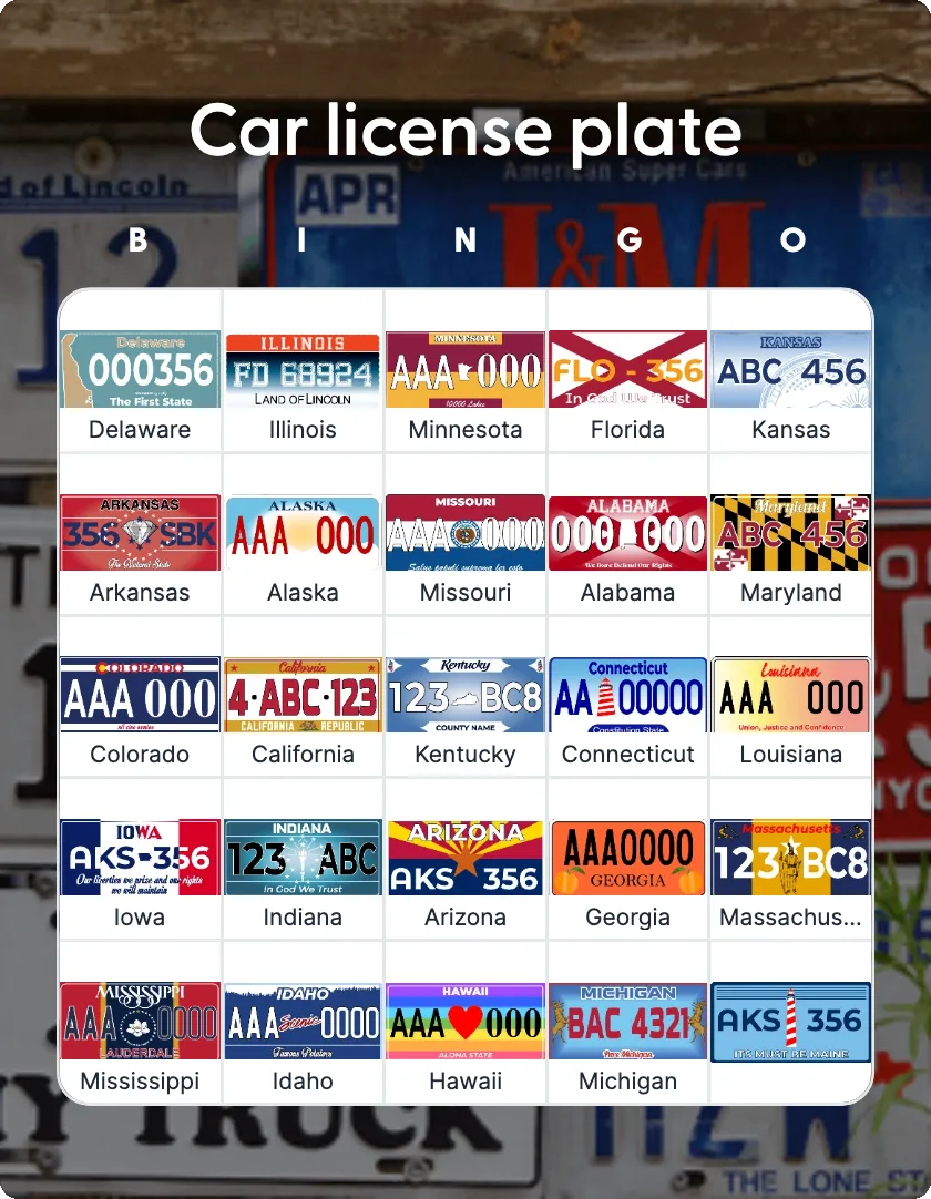 Car license plate bingo card