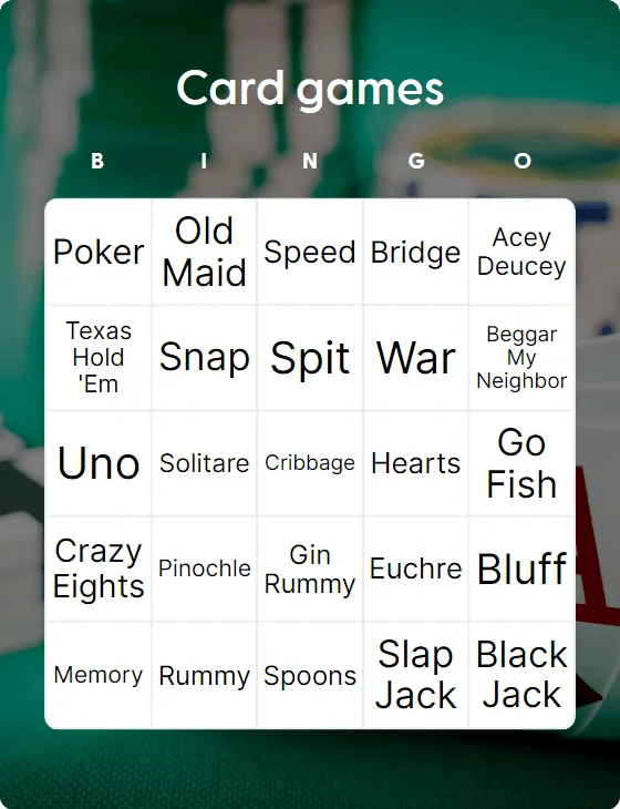 Card games bingo card template
