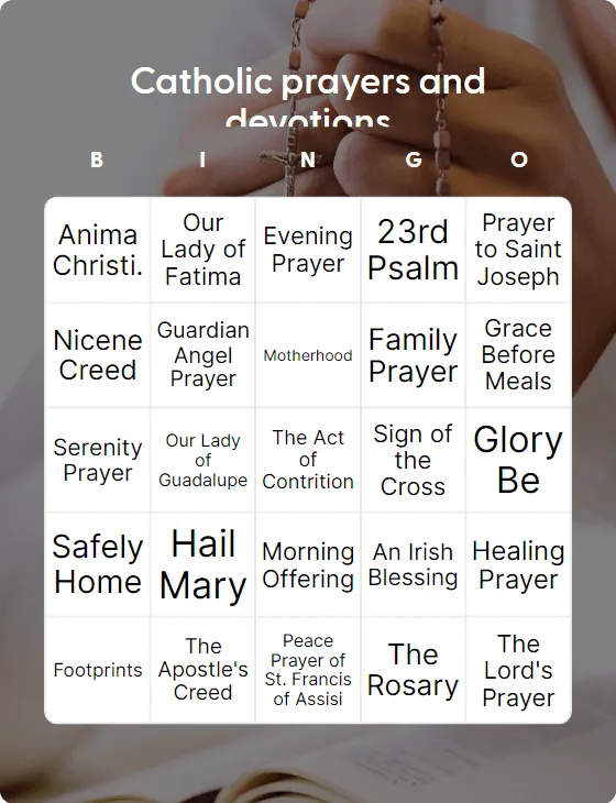 Catholic prayers and devotions bingo card template