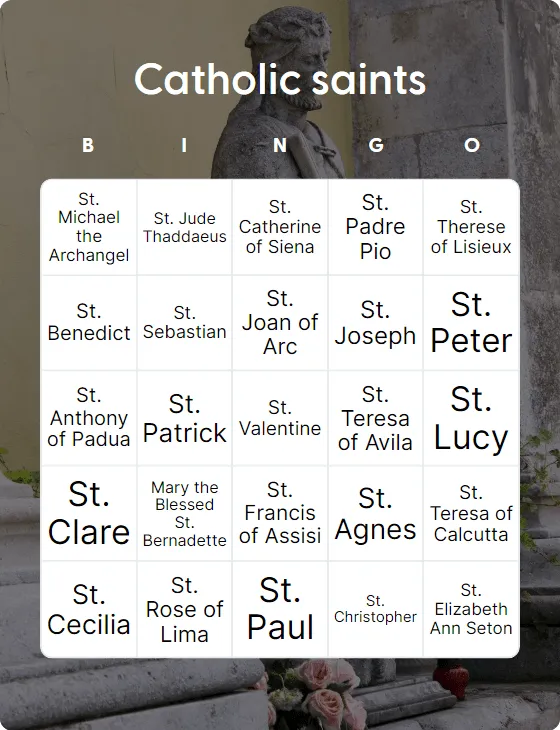 Catholic saints bingo card