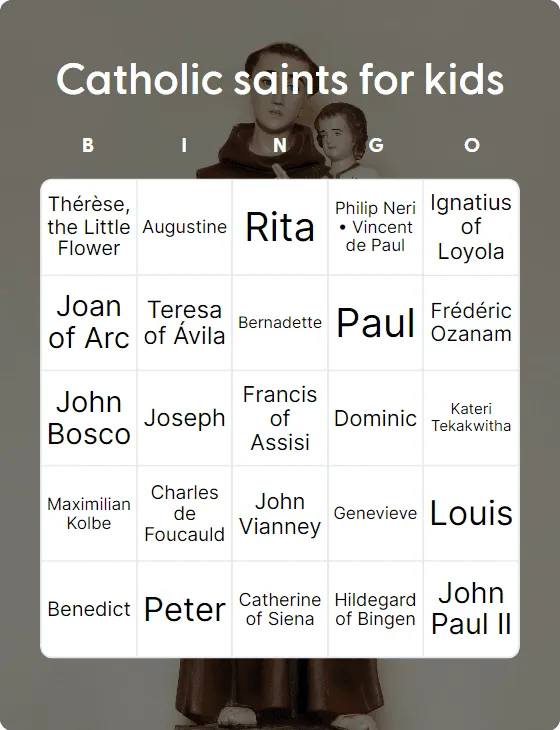 Catholic saints for kids bingo card