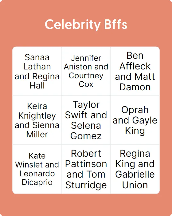 Celebrity Bffs bingo card template