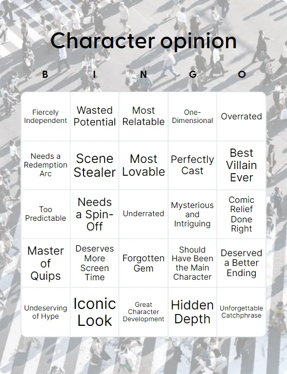 Character opinion bingo card