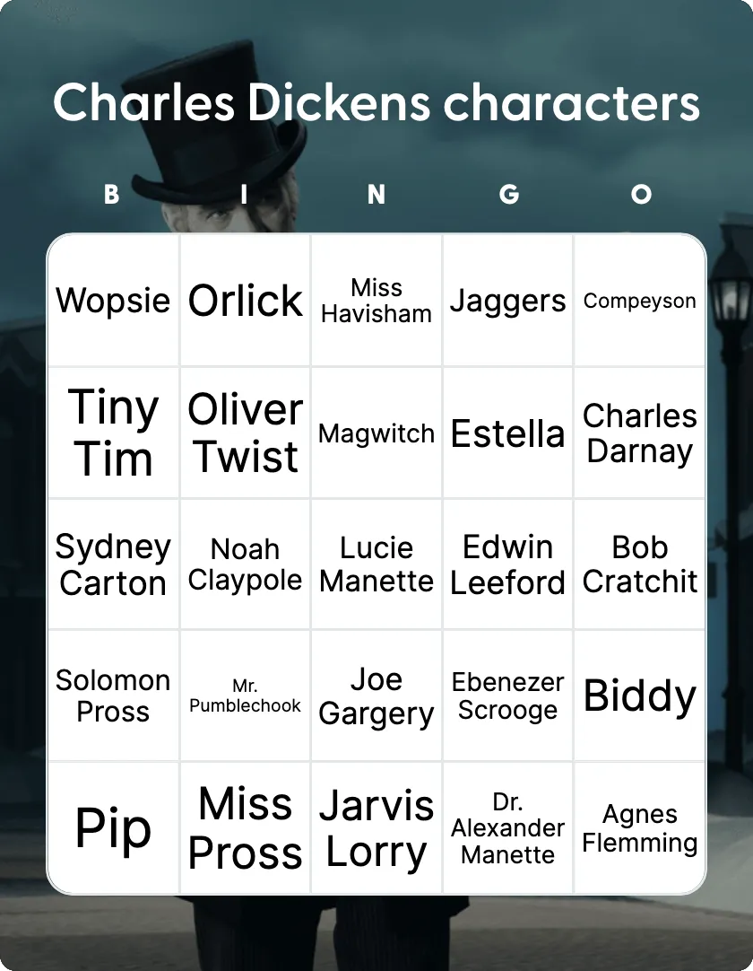 Charles Dickens characters bingo card