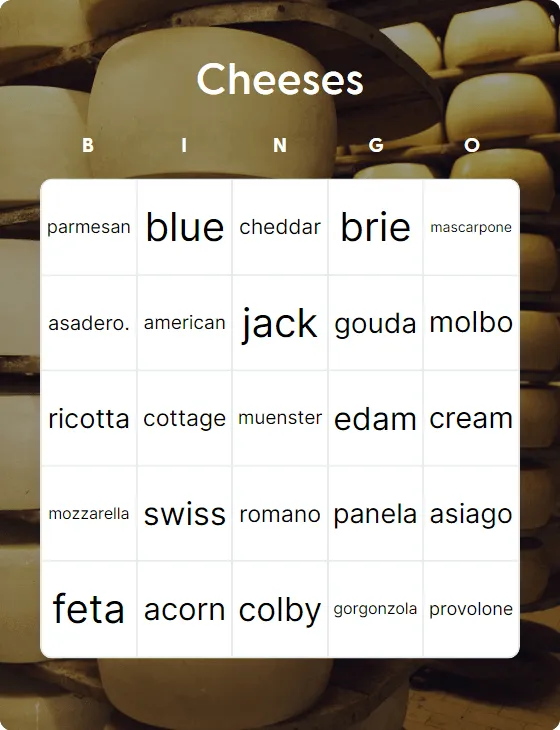 Cheeses bingo card template