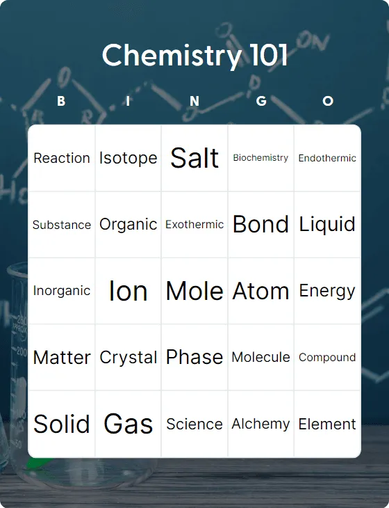 Chemistry 101 bingo card