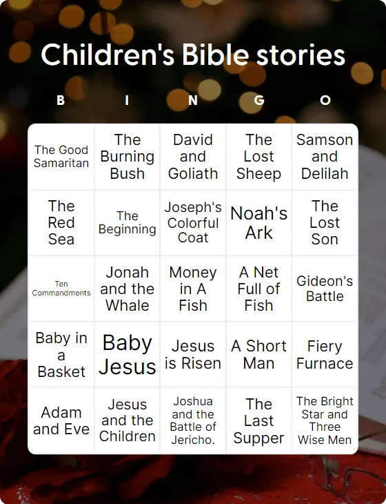 Children's Bible stories bingo card