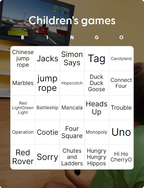 Children's games bingo card template