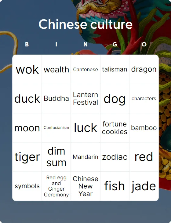 Chinese culture bingo card