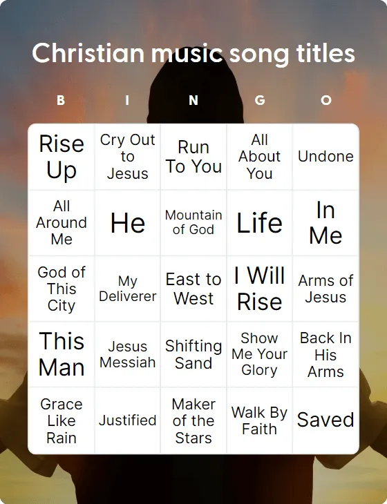 Christian music song titles bingo card
