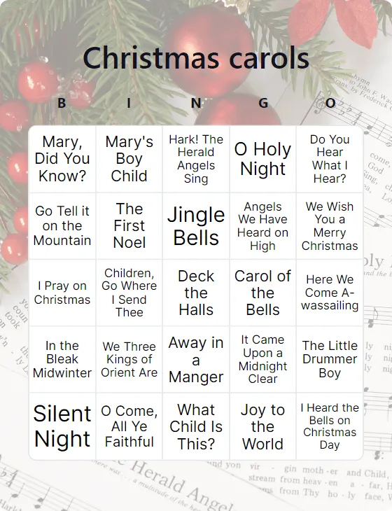 Christmas carols bingo card template