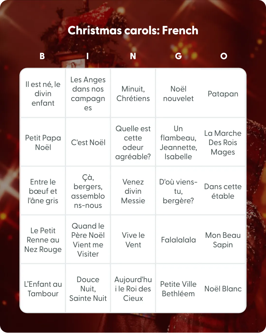 Christmas carols: French bingo card