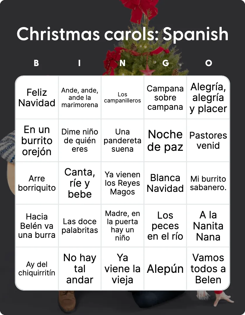 Christmas carols: Spanish bingo card template