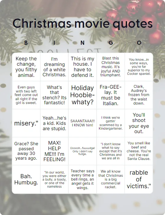 Christmas movie quotes bingo card