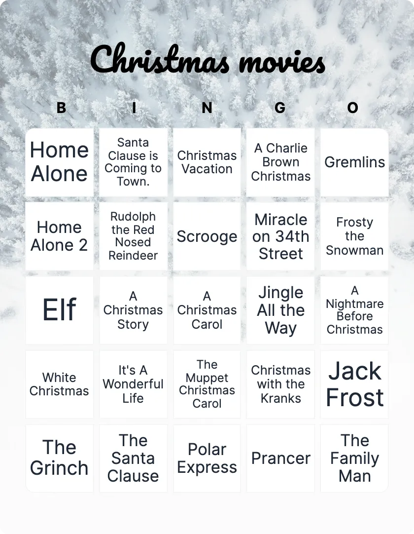 Christmas movies bingo card