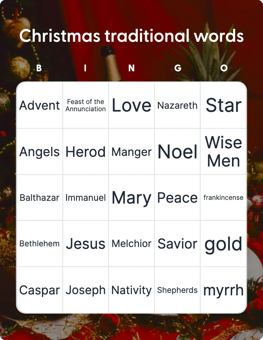 Christmas traditional words bingo card template