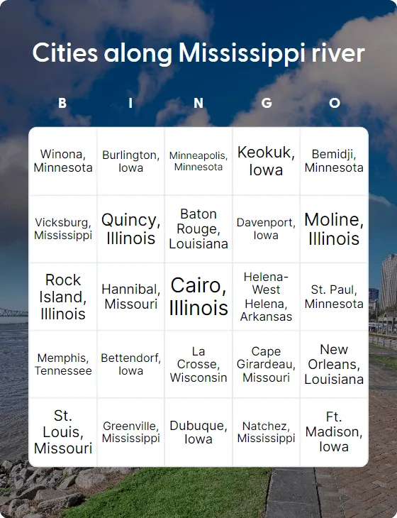 Cities along Mississippi river bingo card template