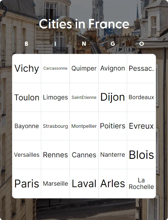 Cities in France bingo card