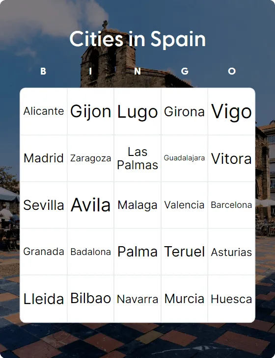 Cities in Spain bingo card