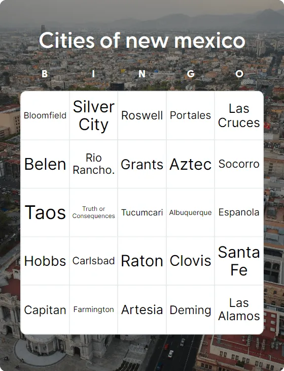 Cities of new mexico bingo card