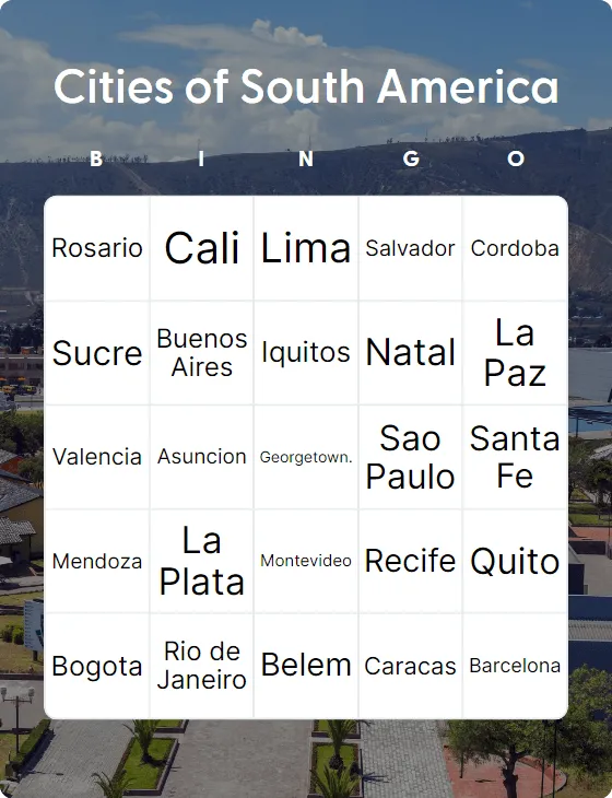 Cities of South America bingo card