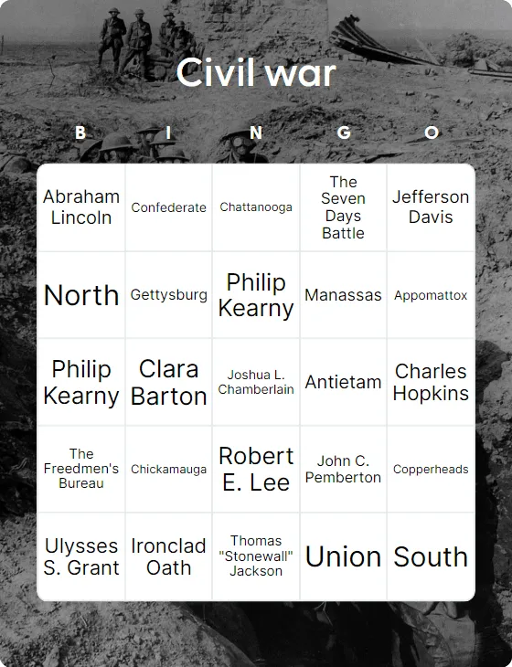Civil war bingo card template