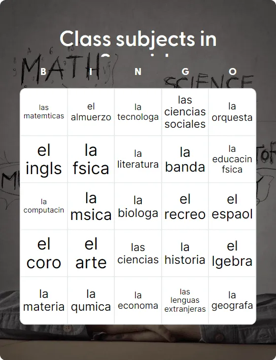 Class subjects in Spanish bingo card