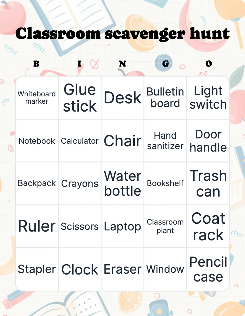 Classroom scavenger hunt bingo card template