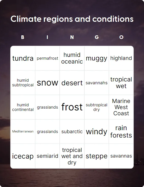 Climate regions and conditions bingo card template
