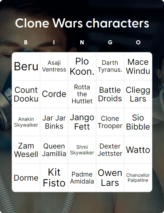 Clone Wars characters bingo card