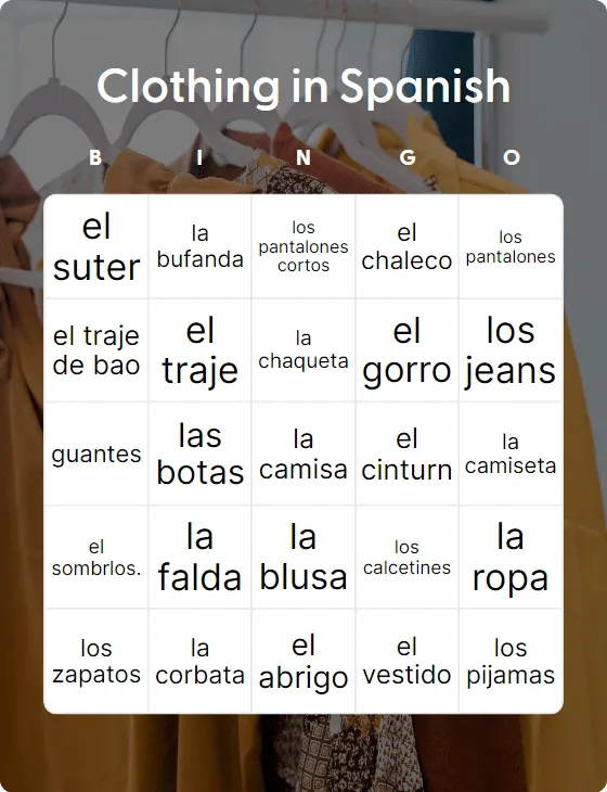 Clothing in Spanish bingo card template
