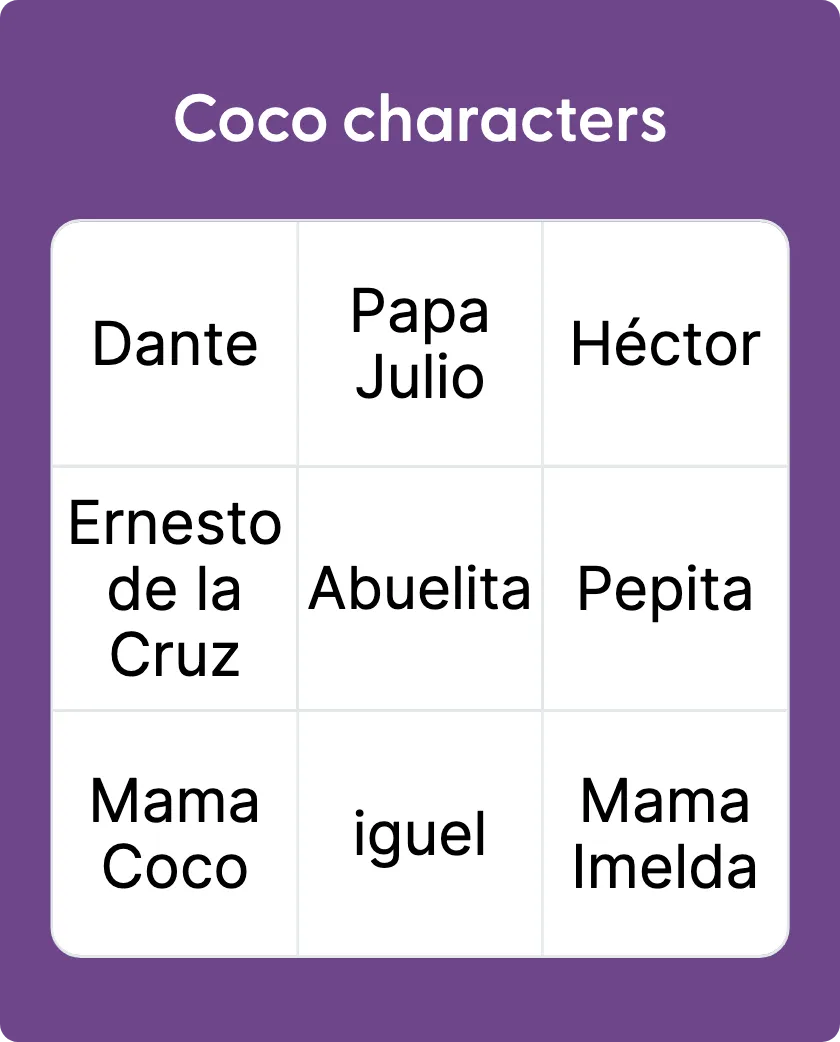 Coco Characters bingo card template