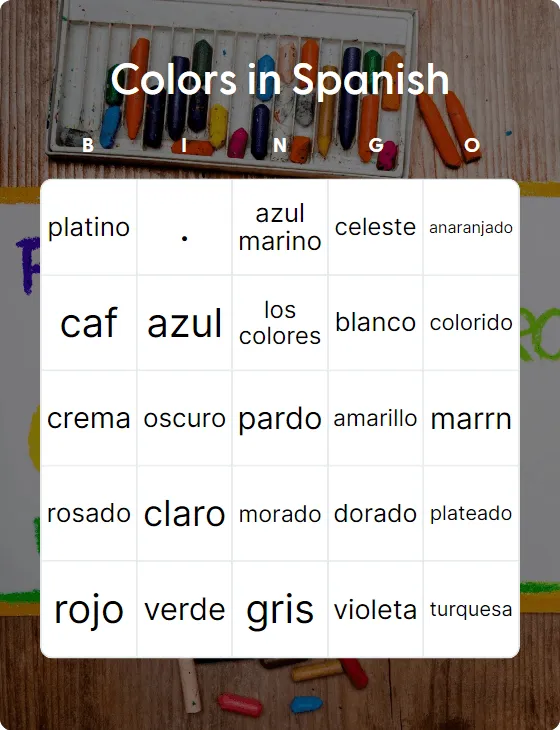 Colors in Spanish bingo card template