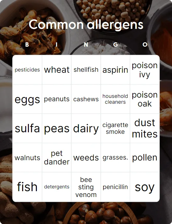 Common allergens bingo card template