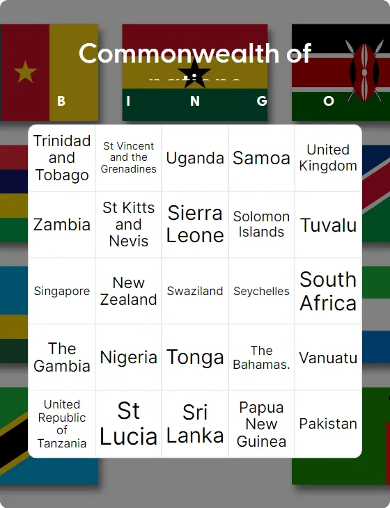 Commonwealth of nations bingo card template