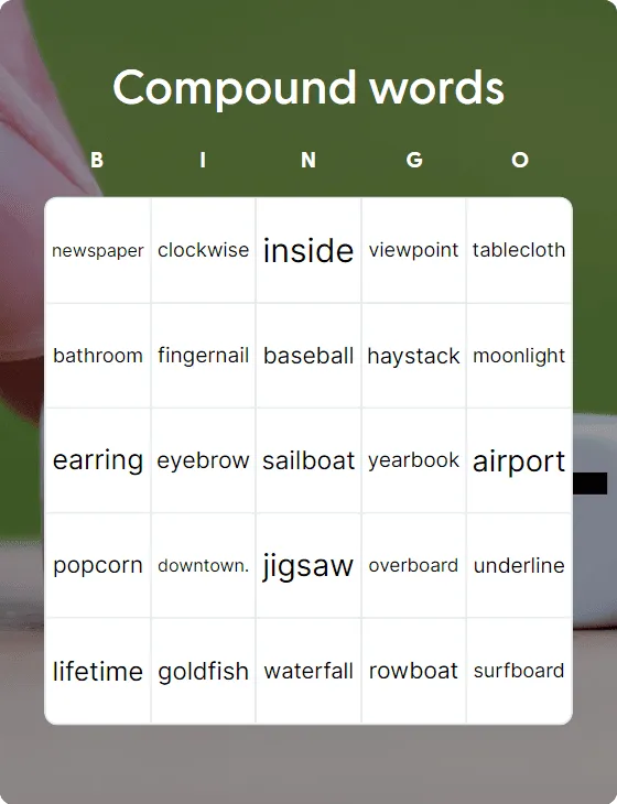 Compound words bingo card template
