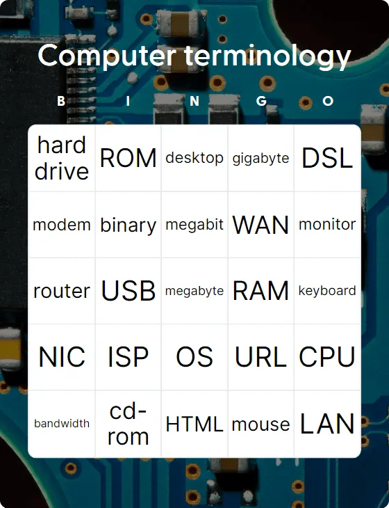 Computer terminology bingo card