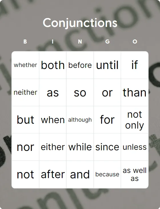 Conjunctions bingo card template