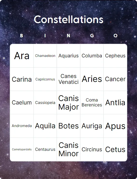 Constellations bingo card template
