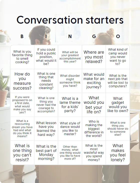 Conversation starters bingo card template