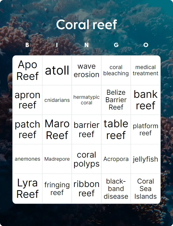 Coral reef bingo card